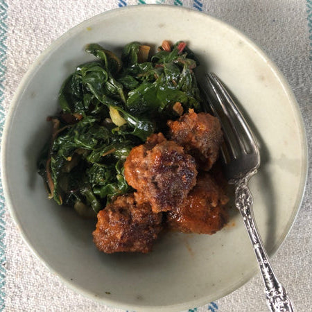 Meatballs with Tomato, Ginger & Garlic Sauce, Braised Greens