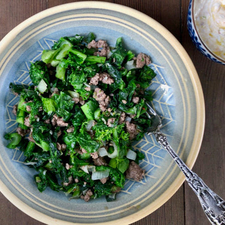Ground Beef Stir Fry with Mustard Greens and Garlicky Yogurt Sauce