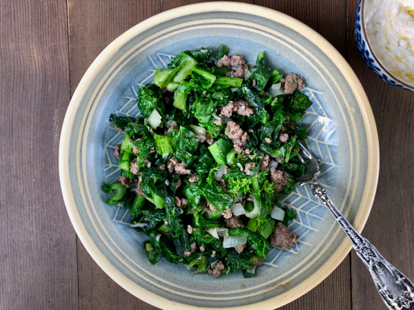 Ground Beef Stir Fry with Mustard Greens and Garlicky Yogurt Sauce