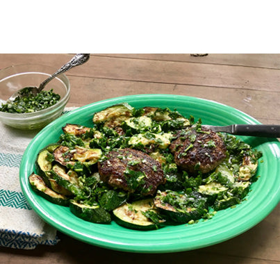 Broiled Zucchini with Salsa Verde and Beef Patties