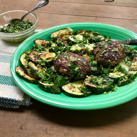 Broiled Zucchini with Salsa Verde and Beef Patties